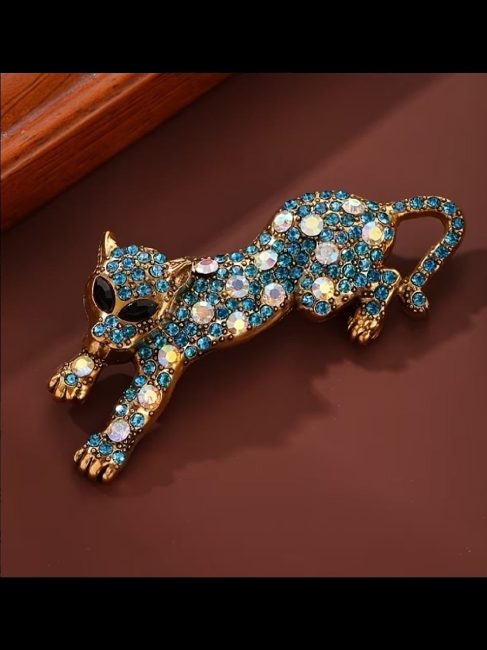 Gold Tone Crystal Leopard Brooch with Blue & Iridescent Stones 7cm 2.7"